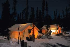 Two warm tents glow, nine campers inside. 