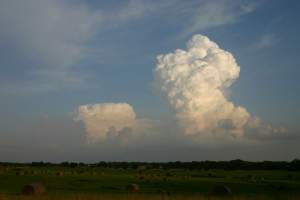 K. Towering Cumulus: Showers and thunderstorms may be near. These tall, turbulent clouds appear to explode upward into the skies, and are caused by rapidly rising currents of air. They may or may not produce precipitation, and can sometimes grow into thunderstorms. They are most common when it’s warm, and they indicate that the atmosphere is unstable. 