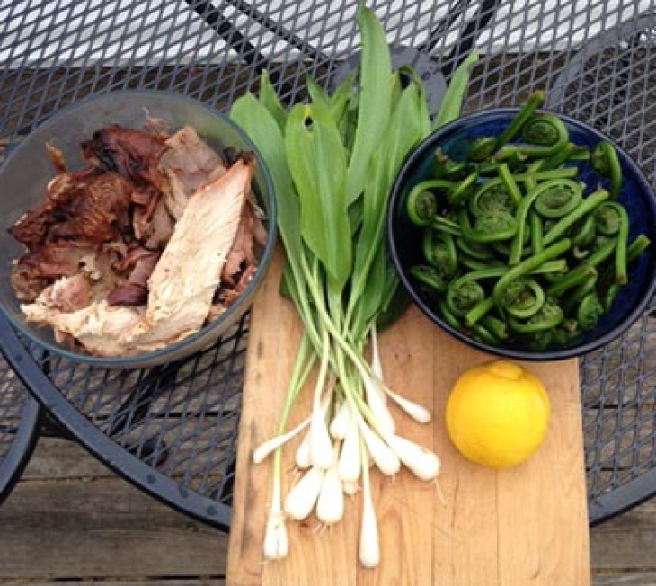 Spring Smoked Wild Turkey and Fiddlehead Risotto with Ramps and Lemon