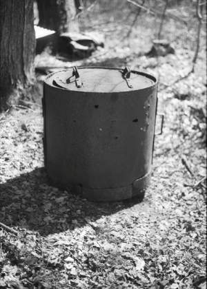 A charcoal can, used in early factories to transport finished charcoal. 