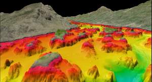 In 2014, a bathymetric and topographic survey was conducted by boat and plane to map the lake bed, shoreline, and watershed of Lake George. Using technology from IBM research, scientists can now view features with a degree of detail unprecedented for a lake of this size. Image courtesy of IBM Research. 